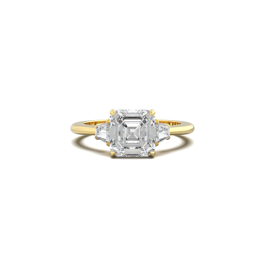 LR21881 square emerald baguette three-stone engagement ring yellow gold top view