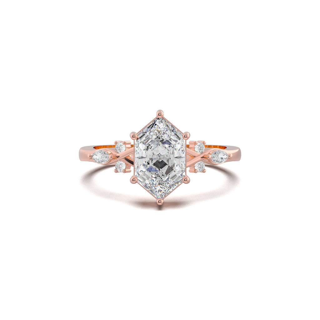 LR21882 elongated hexagon mixed side-stone engagement ring rose gold top view