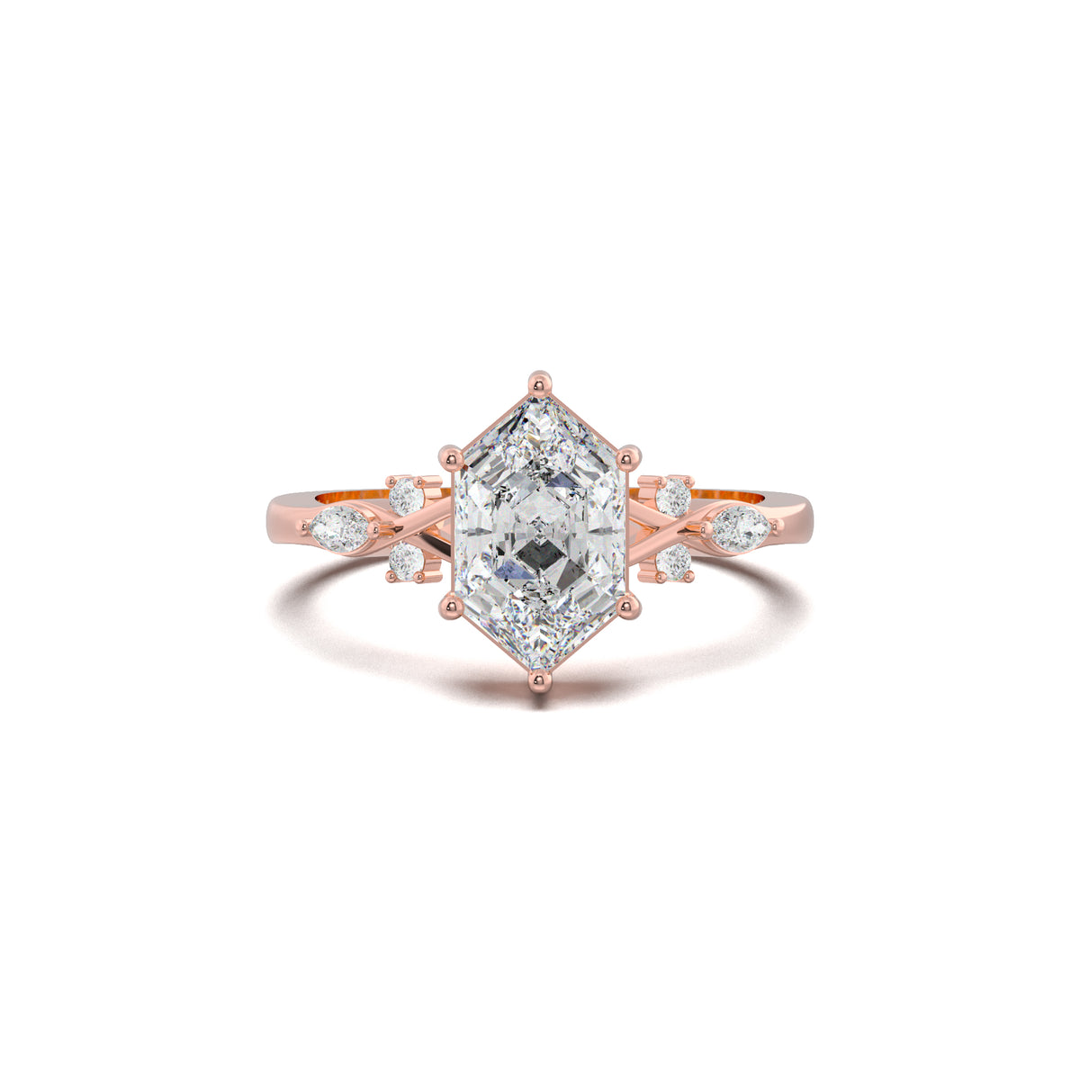 LR21882 elongated hexagon mixed side-stone engagement ring rose gold top view
