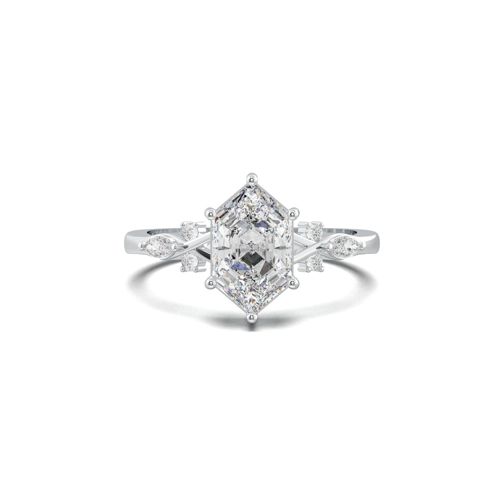 LR21882 elongated hexagon mixed side-stone engagement ring white gold top view