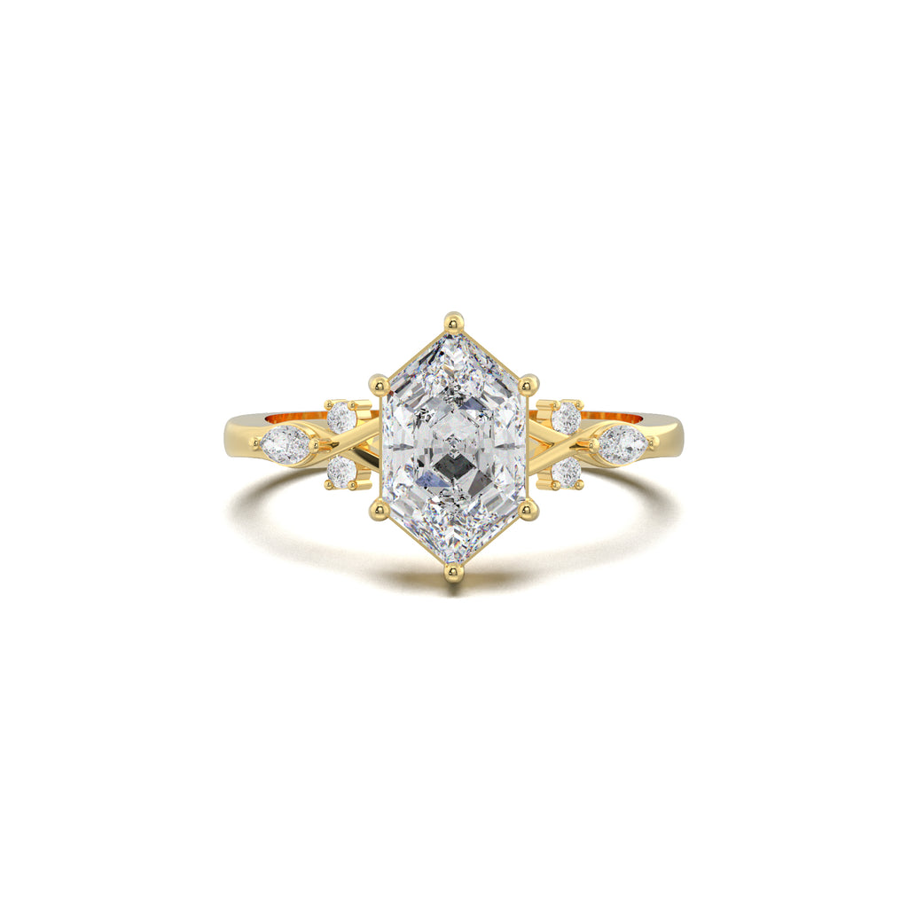 LR21882 elongated hexagon mixed side-stone engagement ring yellow gold top view