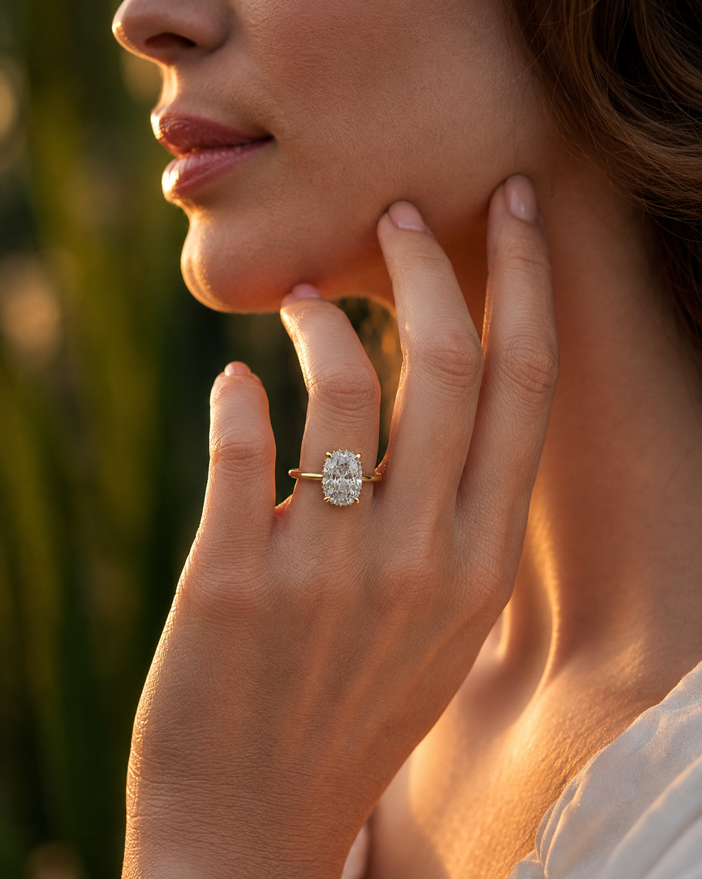 PR0014 cushion hidden halo engagement ring on model