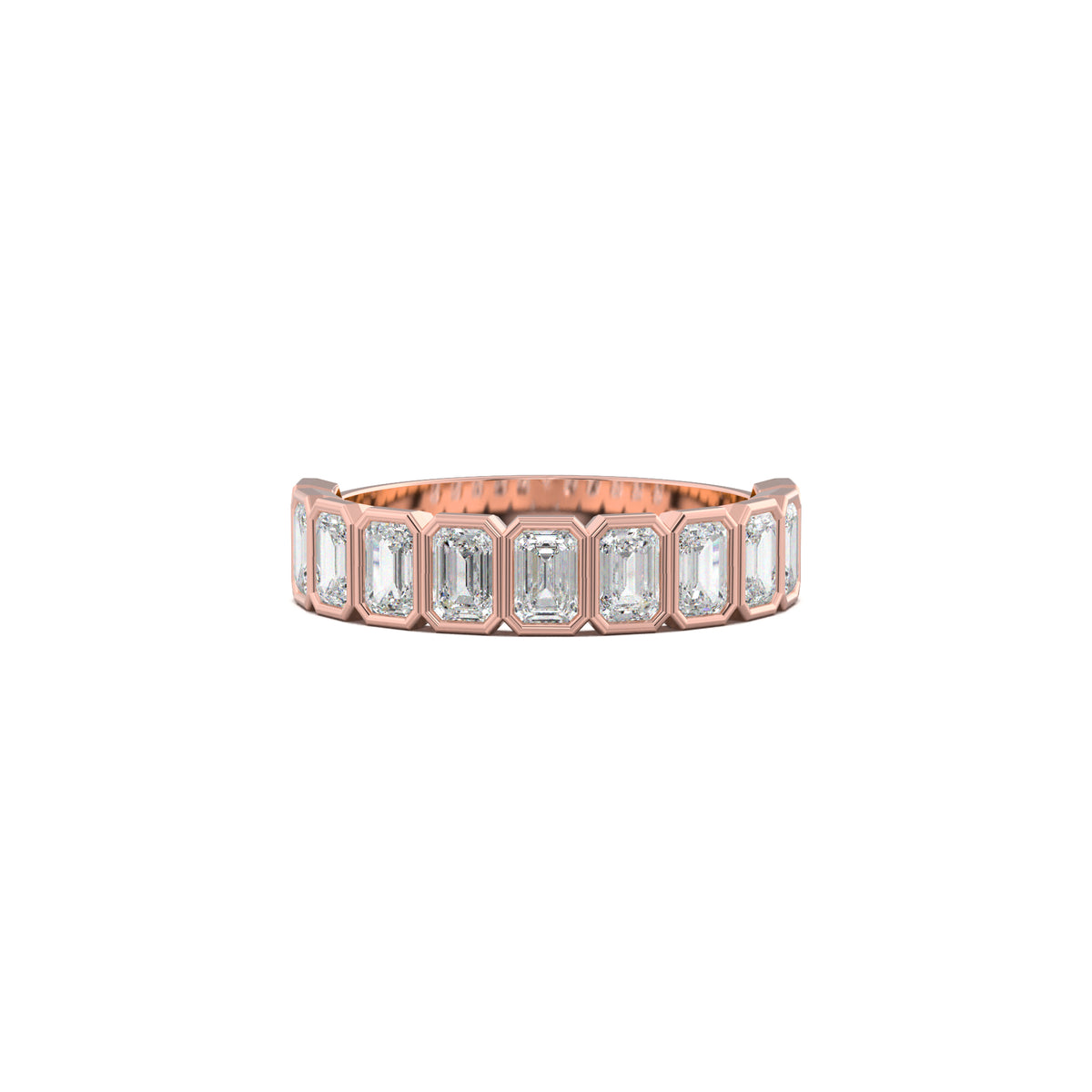 PR0091 emerald-cut bezel half-eternity wedding band rose gold top view