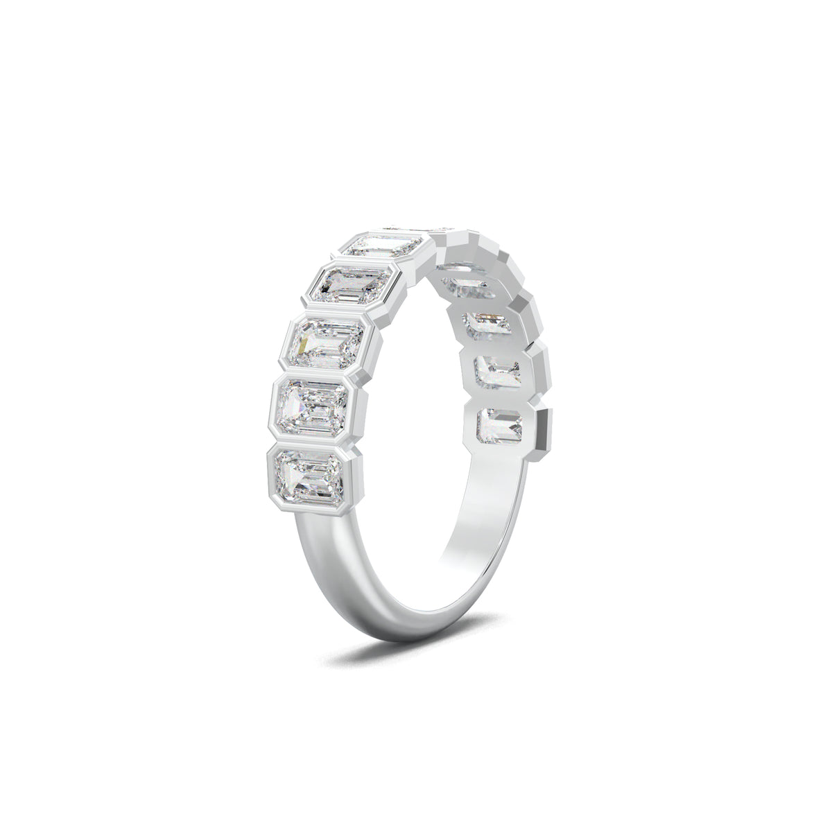 PR0091 emerald-cut bezel half-eternity wedding band white gold three-quarter view