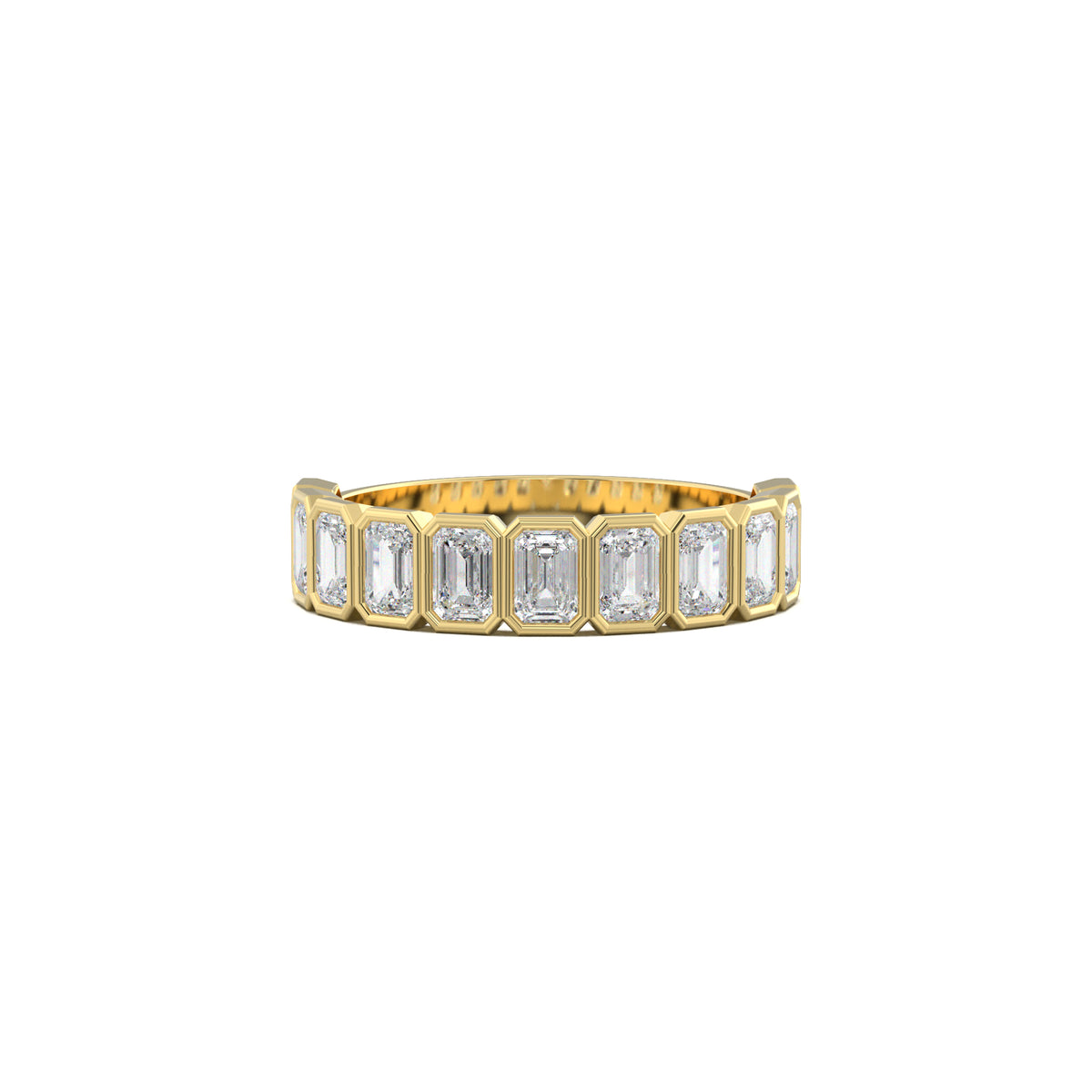 PR0091 emerald-cut bezel half-eternity wedding band yellow gold top view