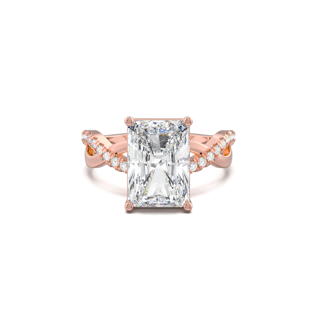 Radiant twisted pavé engagement ring in rose gold, top view
