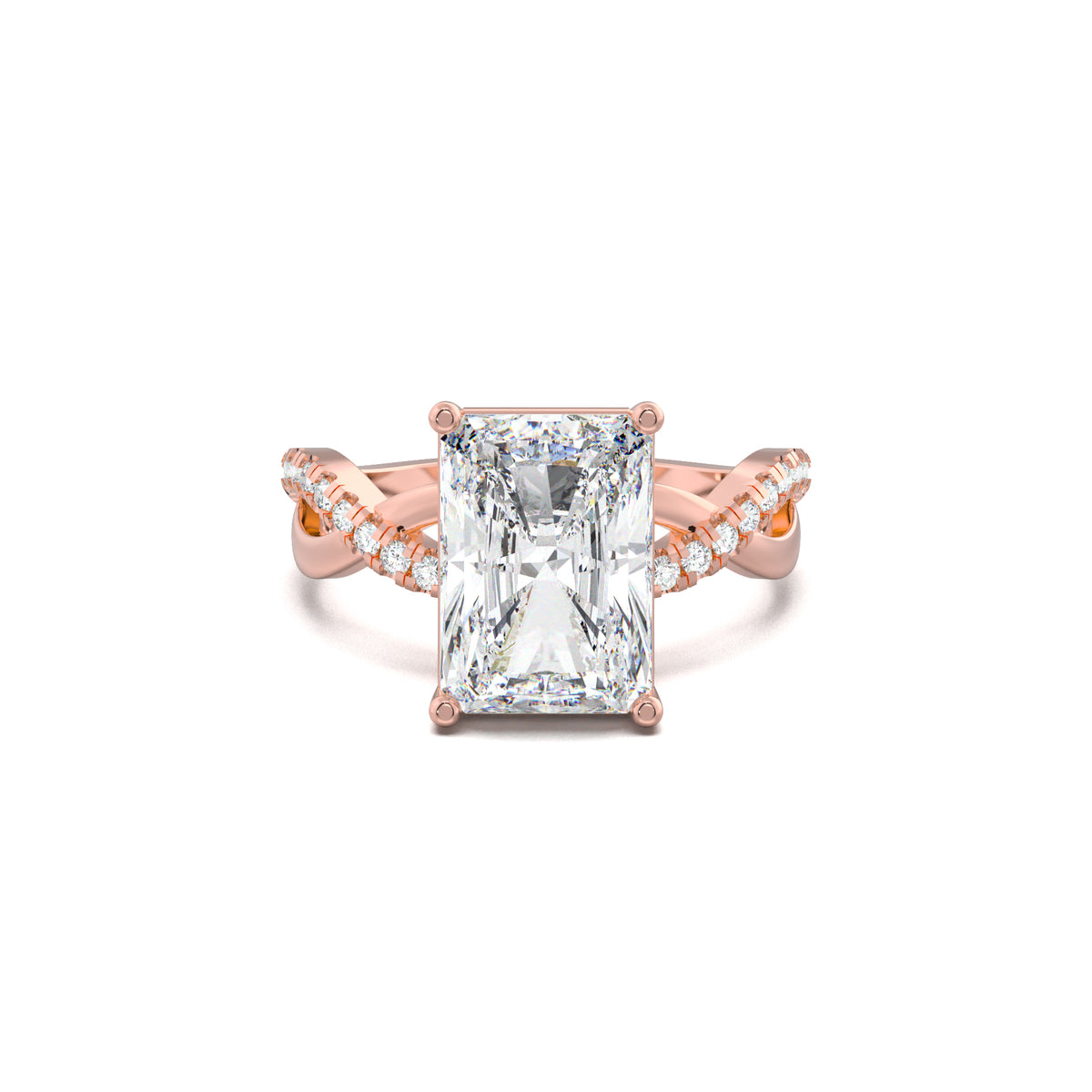 Radiant twisted pavé engagement ring in rose gold, top view