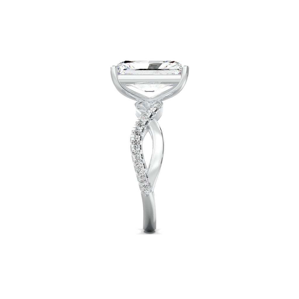 Radiant twisted pavé engagement ring in white gold, side view