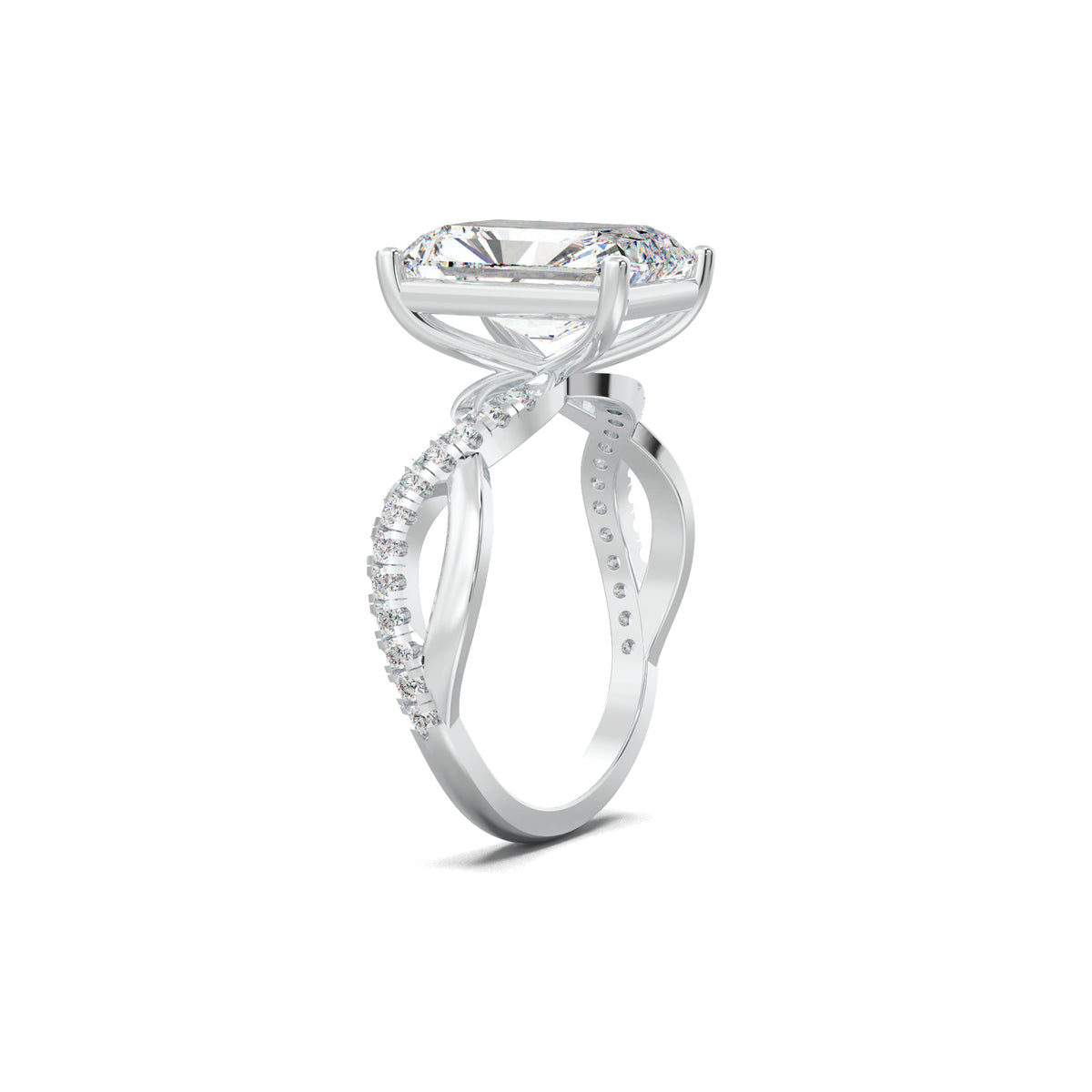 Radiant twisted pavé engagement ring in white gold, three-quarter view