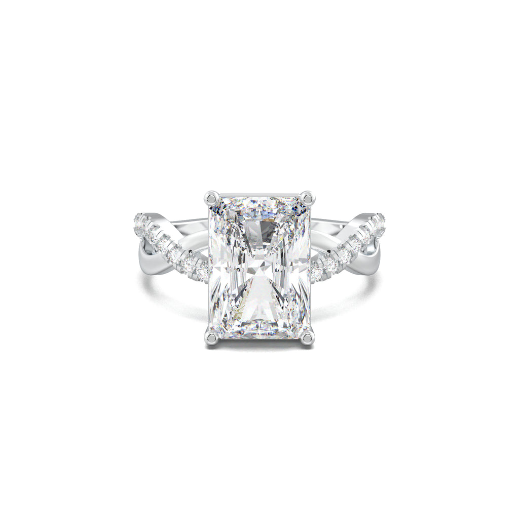 Radiant twisted pavé engagement ring in white gold, top view
