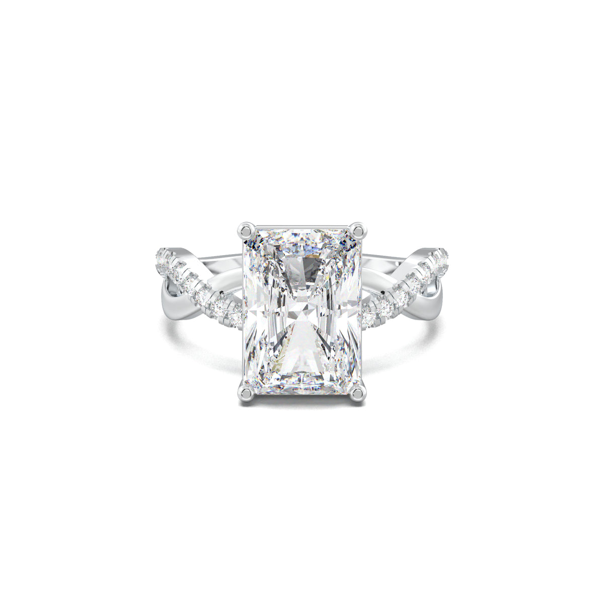 Radiant twisted pavé engagement ring in white gold, top view