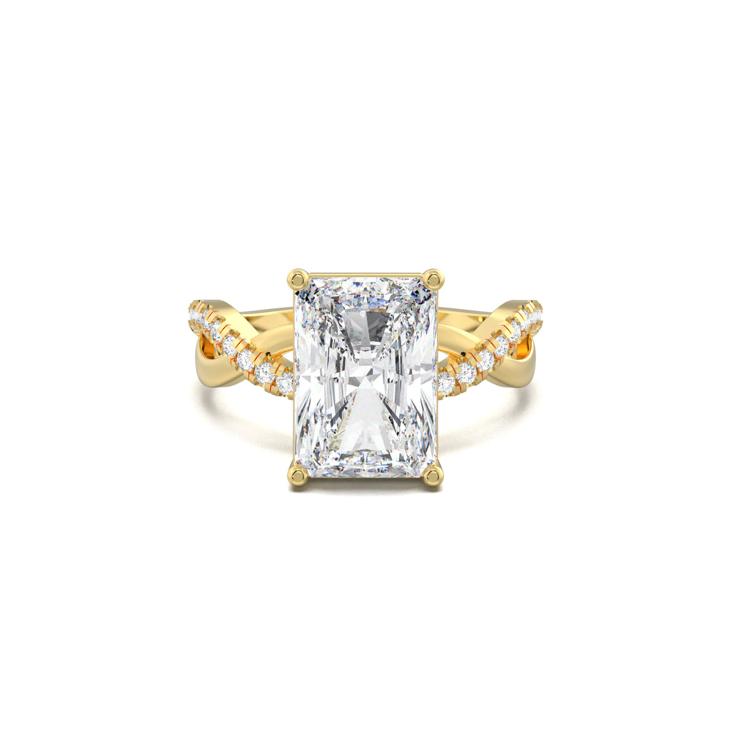 Radiant twisted pavé engagement ring in yellow gold, top view