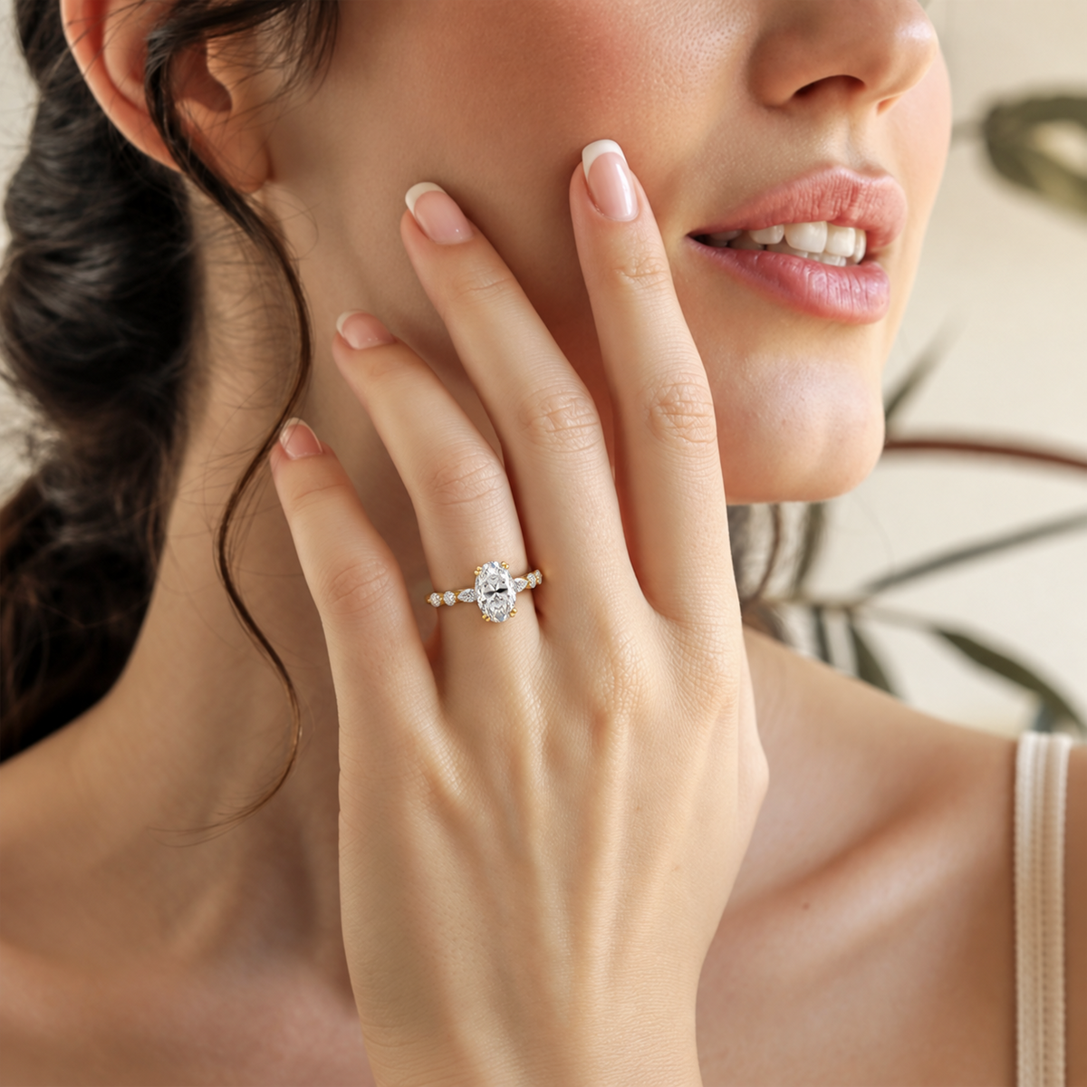 LR-19959 oval mixed-shape engagement ring on model