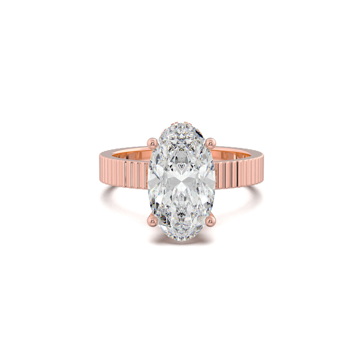 PR0104 oval fluted-band hidden halo engagement ring rose gold top