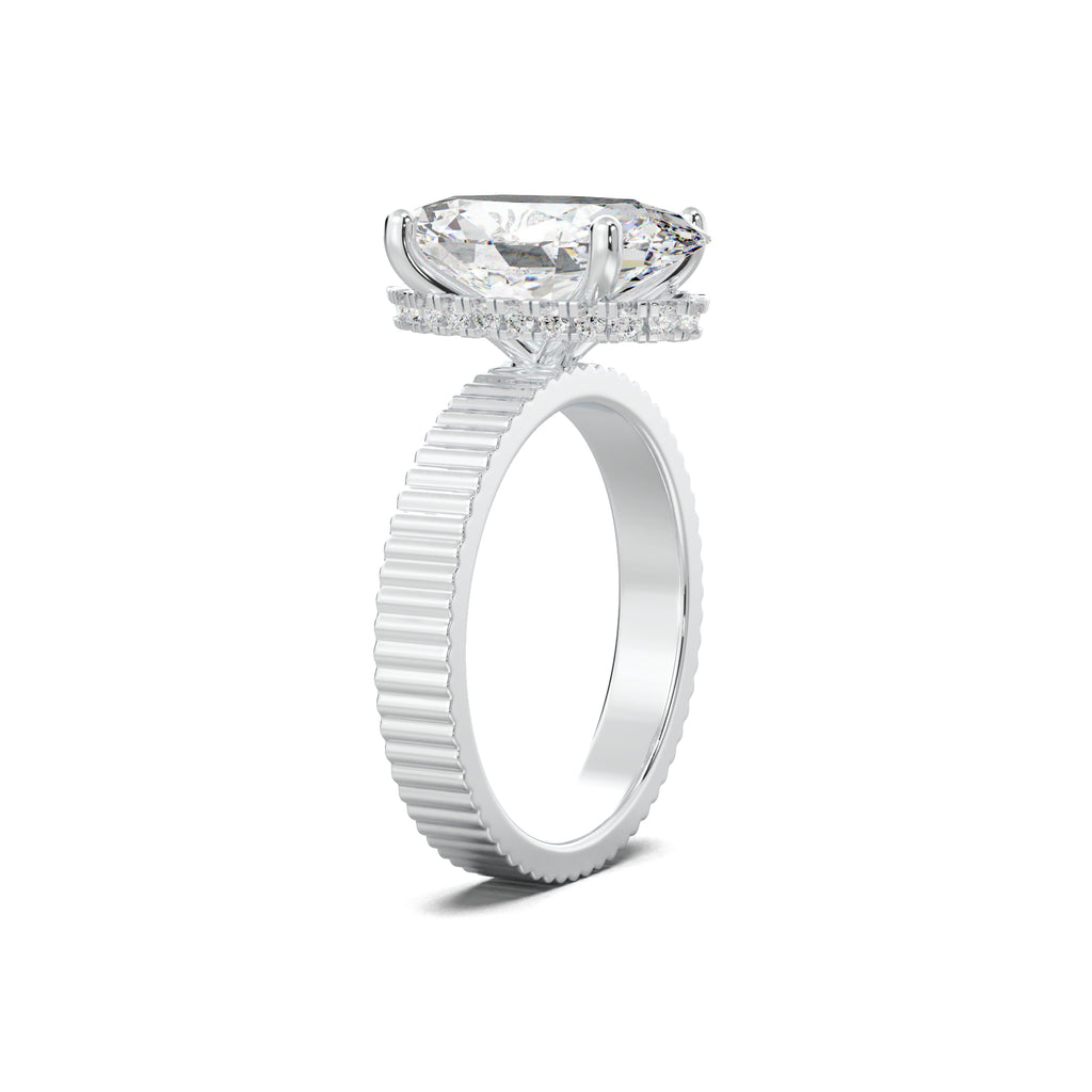 PR0104 oval fluted-band hidden halo engagement ring white gold three-quarter