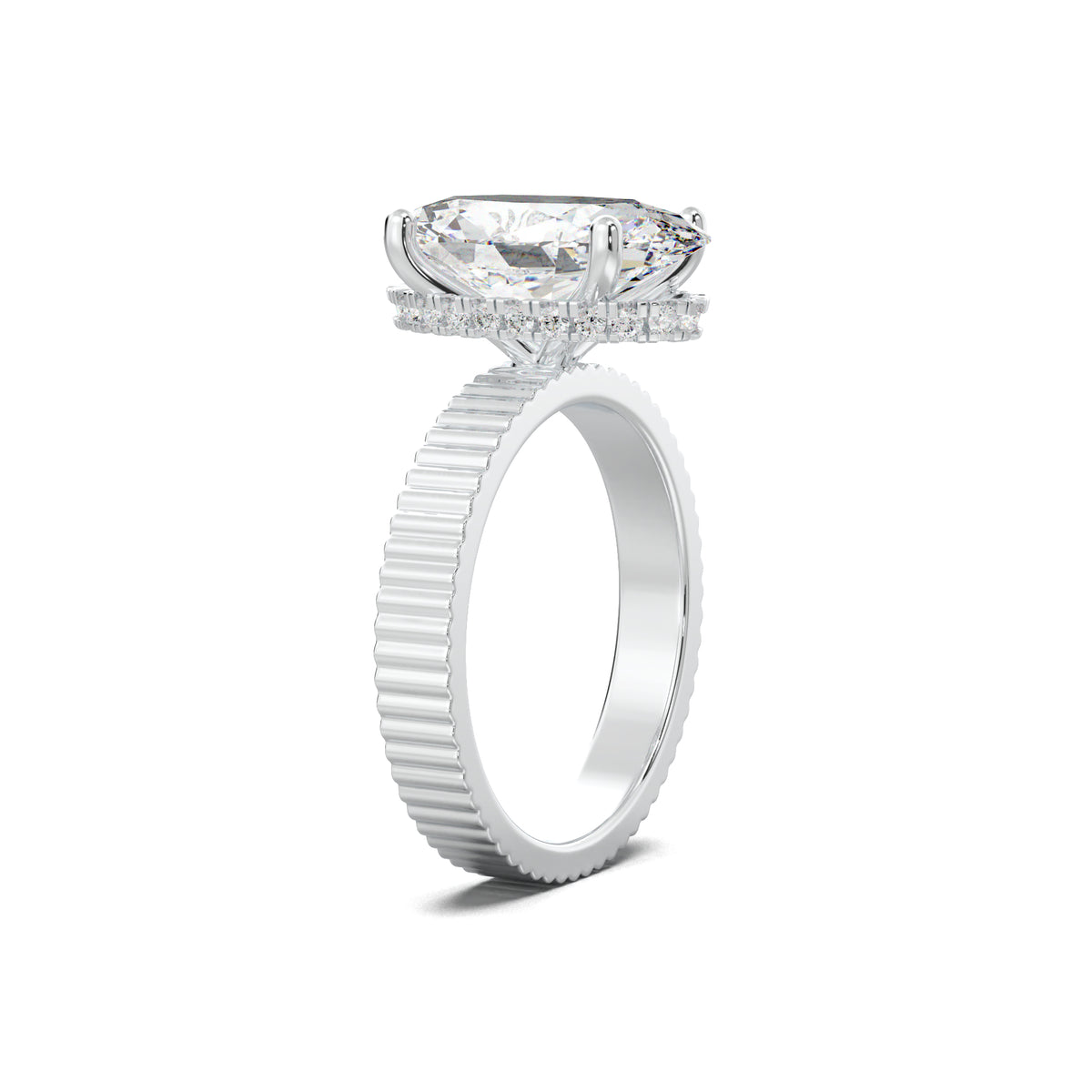 PR0104 oval fluted-band hidden halo engagement ring white gold three-quarter